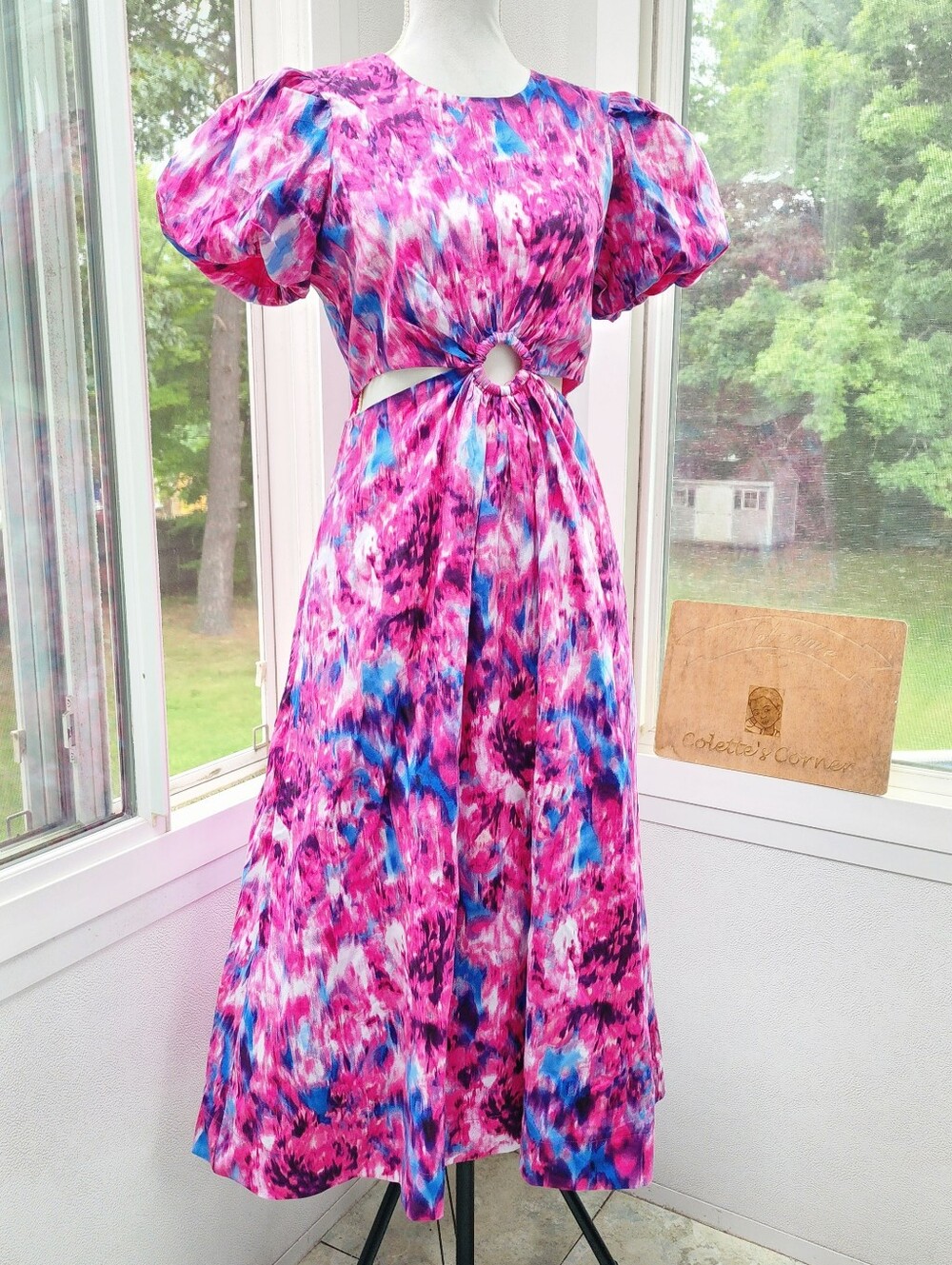 SCOOP Puff Sleeve O-Ring Cut Out Pink Blue Print  A-line Midi Dress